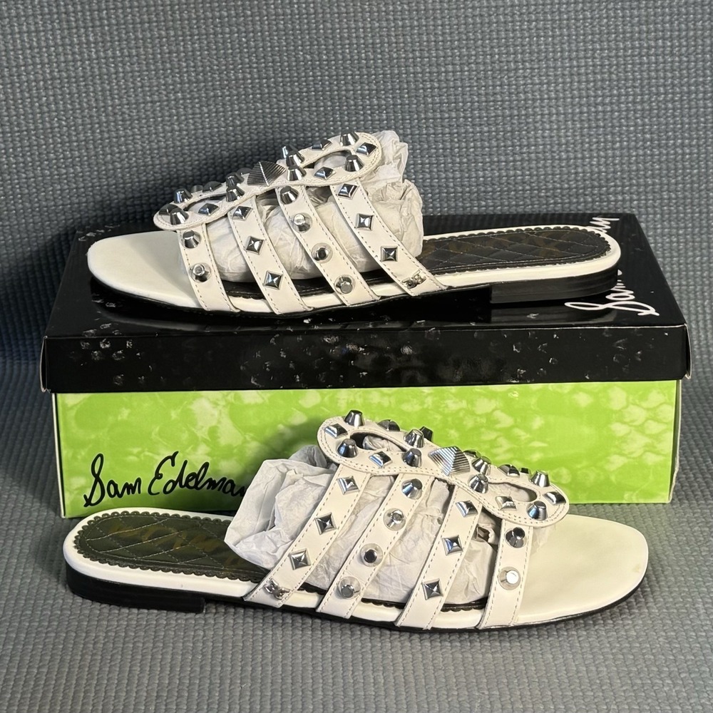 Sam Edelman Beatris Sandal White Leather Silver‎ Studded Flats Women's Size 9.5